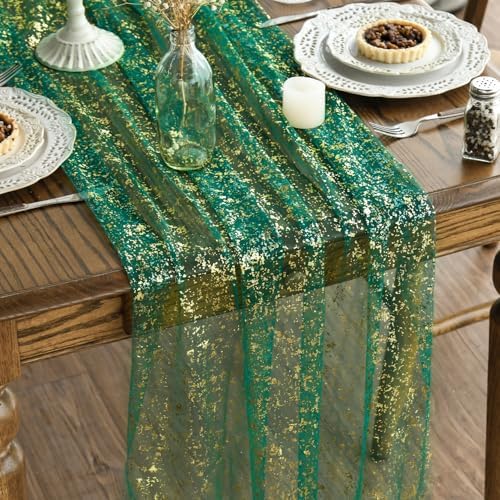 Artoid Mode Green Gold Gauze Table Runner 120 Inch 10Pcs, Glitter Metallic Foil Sheer Dining Wedding Anniversary Holiday Table Decor for Home Party by ArtoidMode