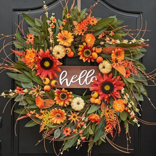 24 Inch Artificial Fall Wreaths for Front Door Outside with Hello Sign'' by Pinkpuii