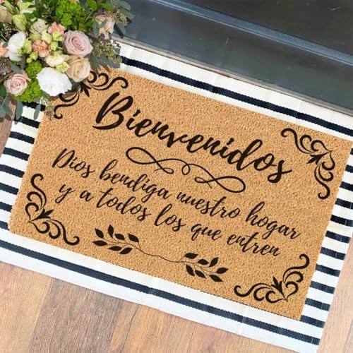 Funny The Entrance Way Outside Personalized Rug with Heavy-Duty Non Slip Outdoor Coconut Coir Doormat Pets Lover Gift 23.6 x 15.7 inch (Spanish Bienvenidos May God Bless Our Home) by XTDJJKK