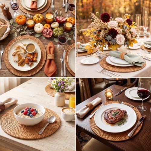 6 Pcs Rattan Charger Placemats with Napkin Rings Set, Brown - Image 4