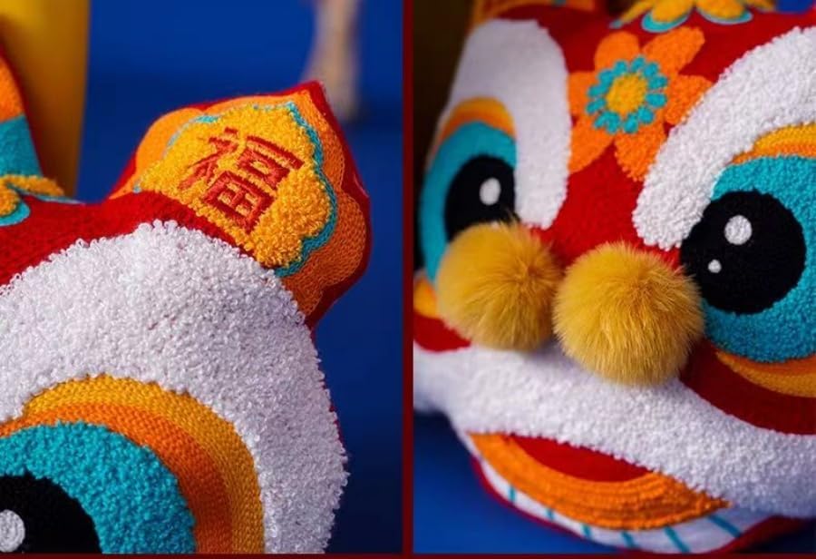 Lion Dance Head Pillow New Year Colorful Embroidered Cushion Chinese Style Lucky Home Decoration Living Room Bedroom Bedding (14.6x15.7, red) - Image 3