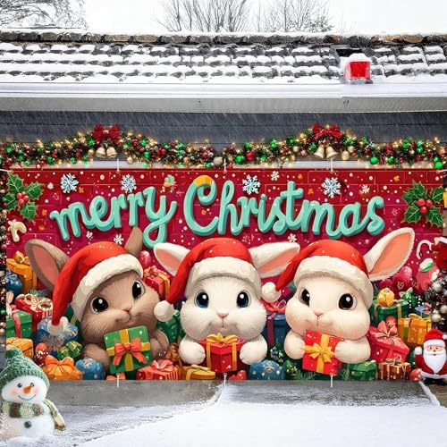 Bunnies Garage Door Banner 16x7 Ft - Rabbits in Santa Hats for 2 Car Garage Cute Decor - Image 2