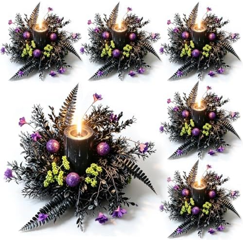 6 Pcs Black Fern Purple Flower Halloween Mini Candle Ring Wreaths with Green Berry Purple Glitter Baubles Gothic Artificial Pillar Candle Holder Wreath for Spooky Dark Home Table Fireplace Decoration by Unknown