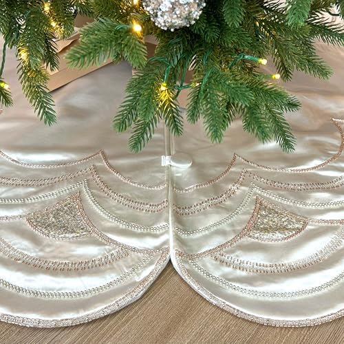 72-Inch Beaded Scalloped Satin Christmas Tree Skirt, Pearl White - Image 4