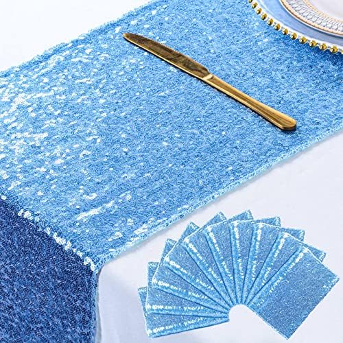 ShinyBeauty Sequin Table Runners Baby Blue 12x108 Inch 10PCS Sparkle Fabric Table Cover Runner 108" Long Birthday Party Supplies Glitter Decorative Table Linens for Wedding Banquet Baby Shower by ShinyBeauty