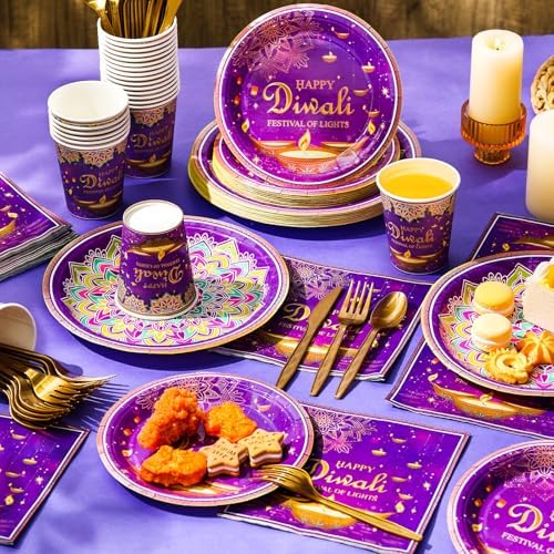 Potchen 350 Pcs Happy Diwali Party Supplies India Festival of Lights Disposable Tableware Include Paper Plates Cups Napkins Knives Forks and Spoons for Diwali Indian Deepawali Hindu Party Decoration - Image 2