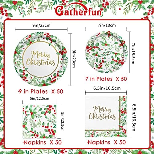 Christmas Party Supplies, Serve 50, Christmas Seasonal Holly Tableware Includes: Paper Dinner Plates, Dessert Plates, Luncheon Napkins and Beverage napkins, Great for Party Decorations - Image 2