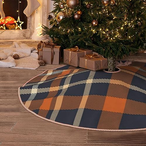 Christmas Tree Skirt 48 Inch, Navy Blue and Orange Plaid by MIZIBAO