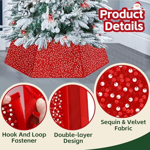 Red Christmas Tree Collar 31.49 Inch Sequin Foldable Christmas Tree Ring Velvet Tree Skirt Cover for Xmas Pencil Tree Holiday Decor - Image 6