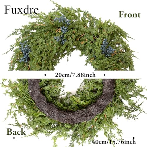 16" Spring Wreaths for Front Door, Artificial Greenery Wreath with Blueberry, Green Norfolk Pine and Cedar for Wall, Porch, or Indoor Outdoor Decor, Real Touch Cedar Foliage - Image 2