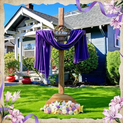 Bucherry 71 Inch Easter He Is Risen Decoration Outdoor Extra Large Wood Cross Decoration Religious Standing Cross with Wreath and Purple Ribbon Easter Yard Sign for Lawn Communion Church Wedding Party - Image 4