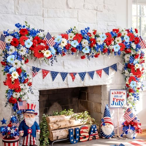 6 ft Red White Blue Garland 4th of July Patriotic Flower Garland for Mantle Artificial 250th Decoration with Daisy Lavender Vine Memorial Day Faux Floral for Independence Table Decor - Image 3