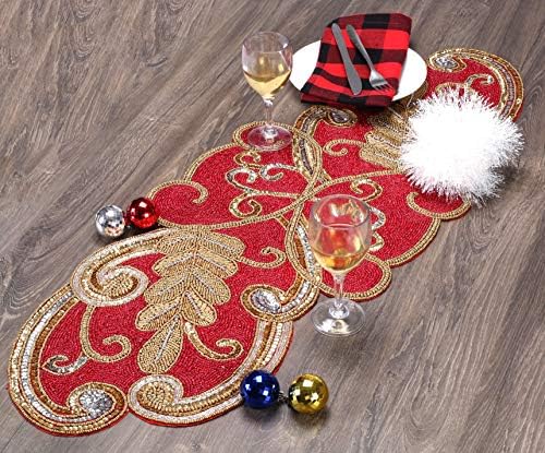Lightnpro Christmas Beaded Table Runner 13x36 Inch - Maroon Gold Fancy Scrolled Design - Rustic Farmhouse Handmade Needle Work Holiday Table Centerpiece for Thanksgiving, Dining Room & Every Décor - Image 3