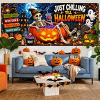 Funny Halloween Garage Door Banner 7x16ft, Just Chilling Till Halloween Outdoor Decoration, Cute Ghost and Skeleton Pumpkin Double Garage Door Cover Tapestry Mural for House Front Holiday Decor - Image 7