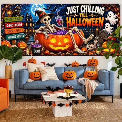 Funny Halloween Garage Door Banner 7x16ft, Just Chilling Till Halloween Outdoor Decoration, Cute Ghost and Skeleton Pumpkin Double Garage Door Cover Tapestry Mural for House Front Holiday Decor - Image 7