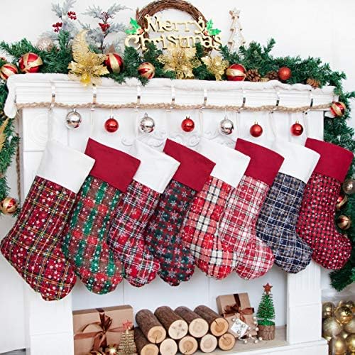 LUBOT 8 Pack Christmas Stocking(20inch) Plaid Snowflake Canvas Fireplace Hanging Xmas Stockings for Family Decorations Holiday Party Decor by LUBOT