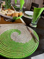 Senegal Placemats/African Bohemian Woven Seagrass Placemats/Natural Wicker Round Basket Placemats/Decorative Hanging Wicker Plates/Hanging Wall Decor (Green & White) - Image 6