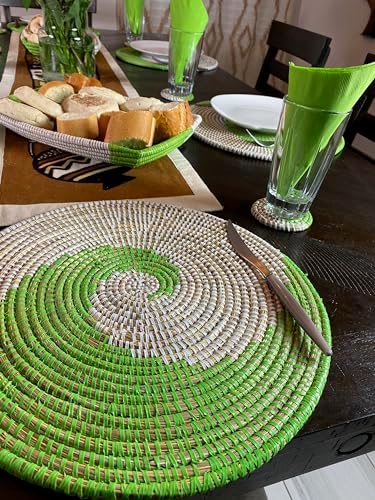 Senegal Placemats/African Bohemian Woven Seagrass Placemats/Natural Wicker Round Basket Placemats/Decorative Hanging Wicker Plates/Hanging Wall Decor (Green & White) - Image 6