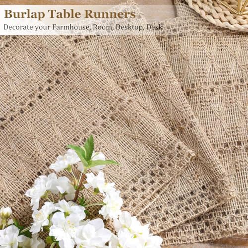 Niviy Burlap Boho Table Runner for Spring Home Decor 132 Inches Long, Modern Farmhouse Decor Rustic Macrame Woven Coffee Table Runners for Summer Dining Table Decoration, Burlap Brown - Image 2