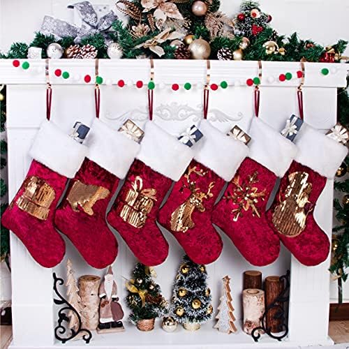 GEX Christmas Stockings 8 Pack for Family 20" Gold Sequins Red Velvet with White Soft Faux Fur Embroidery Classic Fireplace Tree Decorations for Xmas Season Decor (Set of 8) - Image 6