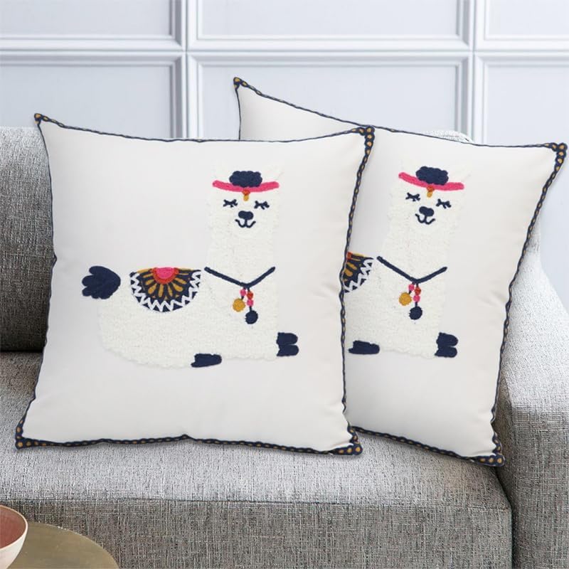 Pack of 2 Embroidered Decorative Throw Pillow Cover 18x18 Inch Farmhouse Floral Pillowcase for Living Room Sofa Bed (Cute Llama) - Image 6