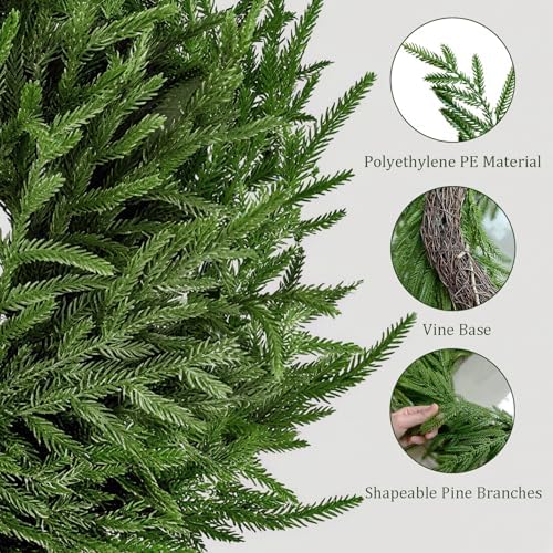 24 Inch Real Touch 2 Pcs Norfolk Pine Wreath Christmas Decorations for Front Door, Artificial Plants Green Christmas Wreath Home Decor, Xmas Decor for Mantel Wall Holiday Winter Decor - Image 5