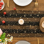 Artoid Mode 10PC Gold Stars Black Gauze Table Runner 120 Inch 10FT, Reversible Glitter Sheer Dining Wedding Holiday Birthday Table Decor for Home Party - Image 5