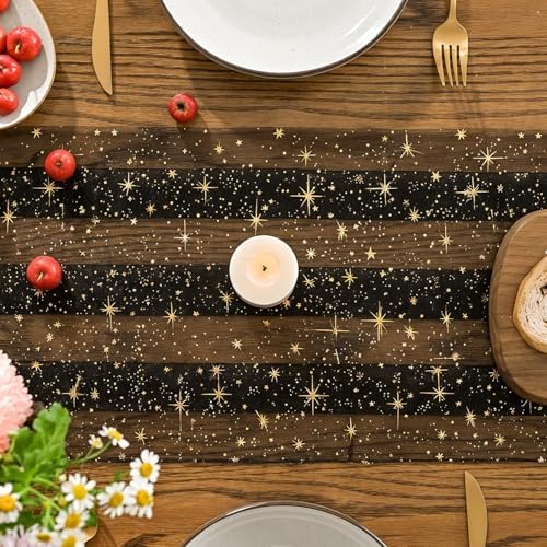 Artoid Mode 10PC Gold Stars Black Gauze Table Runner 120 Inch 10FT, Reversible Glitter Sheer Dining Wedding Holiday Birthday Table Decor for Home Party - Image 5