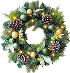 WANNA-CUL Pre-Lit 20 Inch Lighted Christmas Wreath for Front Door Decoration with Green Gold Christmas Ball Ornaments,Battery Operated 30 LED Lights by WANNA-CUL