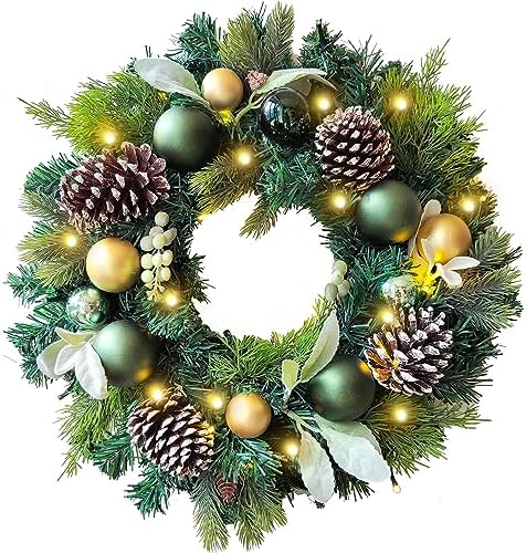 WANNA-CUL Pre-Lit 20 Inch Lighted Christmas Wreath for Front Door Decoration with Green Gold Christmas Ball Ornaments,Battery Operated 30 LED Lights by WANNA-CUL