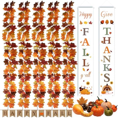 Fall Decor Set 5 Pack 5.9Ft Artificial Fall Maple Leaves Garland - 70pcs with Mini Pumpkins kit, Happy Fall Porch Banner Welcome Signs Autumn Decor for Thanksgiving Home & Fall Decorations by NQN