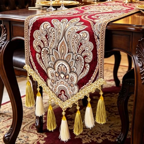 Luxury Burgundy Jacquard Damask Table Runner 120 Inch for Wedding by HeMiaor