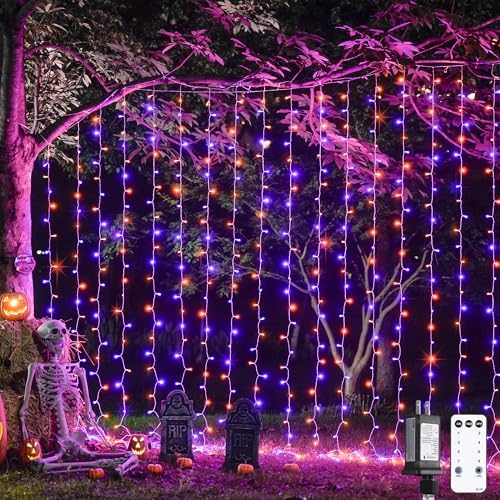 JMEXSUSS 300LED Halloween Curtain Lights, Orange and Purple, 9.8x9.8ft by JMEXSUSS