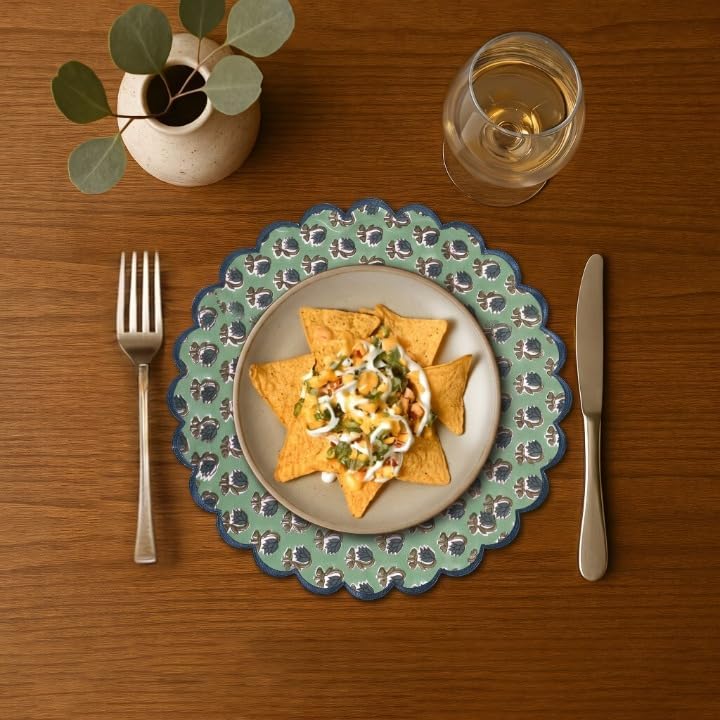 Ridhi Floral Block Print Round Placemats 15" in, Set of 4, Basil Green - Image 2