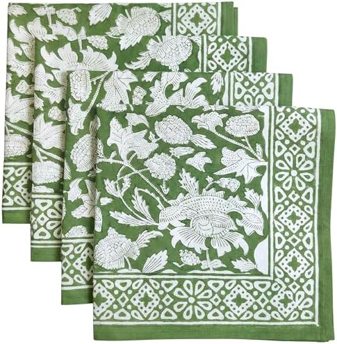 ATOSII Meraki Green 100% Cotton Spring Cloth Designer Dinner Napkins, Handblock Print, Washable Durable Linen for Everyday Use Wedding Parties Outdoors Christmas Easter I 20 X 20 Inches I Set of 4 by ATOSII