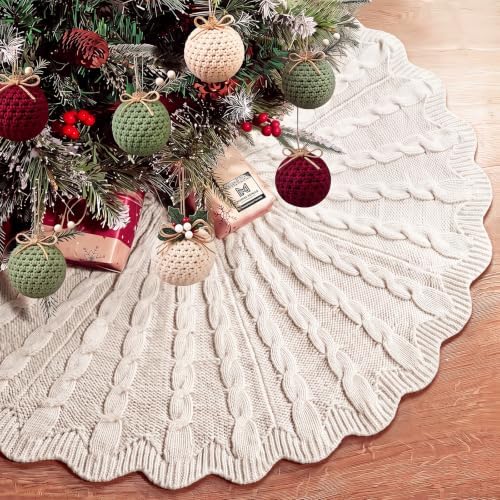 Thenshop 48 Inch Chunky Cable Knit Christmas Tree Skirt, Beige by Thenshop