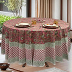 Ridhi Block Print Round Tablecloth Coral Pink & Forest Green 110 in Cotton by Ridhi