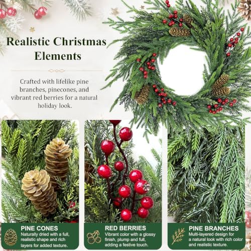 24 Inch Norfolk Pine Wreath for Front Door, Artificial Christmas Wreath - Image 4