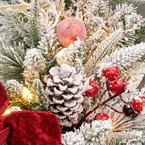 Pre-lit Snow Christmas Wreath with Red Balls,Berries and Bows,24 Inch 50 Battery Operated LED Lights,Holiday Decoration for Front Door Outdoor - Image 4