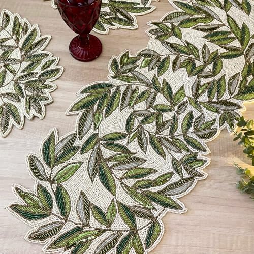 Enliven Handmade Leaves Vine Creeper Beaded Table Runner, 13x36 Inches Lightweight Decorative Table Runner, Perfect for Dining/Wedding/Party/Everyday Use & Easy to Clean, Elegant Beaded Runner - Image 2