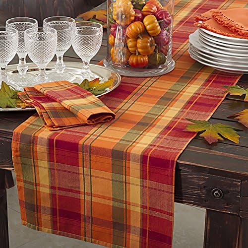 Terracotta Orange Holiday Harvest Plaid Design Cotton Runner. 16"x72" Oblong by *****