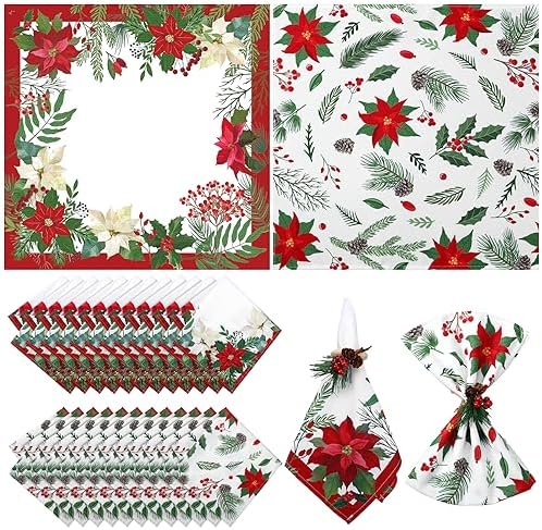 Nitial 24 Pcs Poinsettia Christmas Cloth Napkins Washable Dinner,Christmas by Nitial