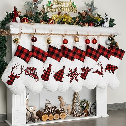 LUBOT Set of 8 Christmas Stocking(20inch) Silhouette Buffalo Red Plaid/Rustic/Farmhouse/Country Cotton Fireplace Hanging Xmas Stockings Decorations for Family Holiday Season Decor by LUBOT