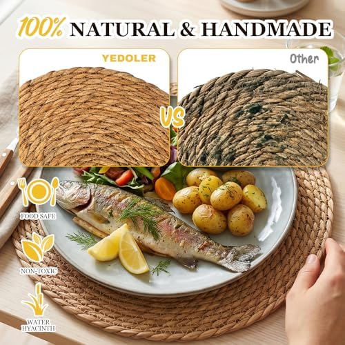 24 Pcs Round Woven Placemats - Yedoler 13 in Farmhouse Boho Straw Heat Resistant Outdoor Patio Rattan Wicker Table Mats, Natural Water Hyacinth Place Mats Coasters for Dining Table,Home,Wedding - Image 3