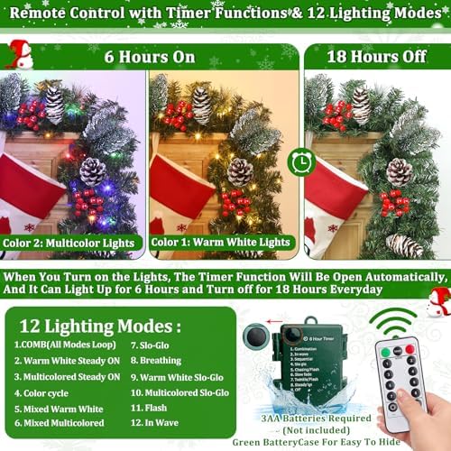Remote Control&Super Long&8 Modes-18 Ft Prelit Canyon Pine Christmas Garland for Stairs Door Porch Outdoor Indoor Fireplace Mantle,100 Warm White&Colors Switch Lights,Timer,460 Branches Pinecone Berry - Image 3
