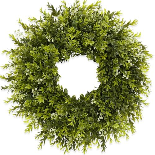 28'' Large Boxwood Wreath for Front Door Porch Window Artificial Boxwood Leaves with White Seed Greenery Outdoor Indoor Wreath for Home Farmhouse Wall Decor Spring Summer Fall All Seasons (Green) by CHIYINBAO