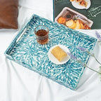 Serving Tray 15.7" X11.8", Lacquer Mother of Pearl Inlay Mosaic Tray, Rectangle Wooden Marble Tray with Handles Trays for Tea, Breakfast in Bed, Table (Flower Style) - Image 6