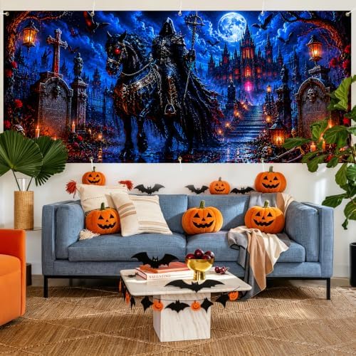 Gothic Grim Reaper Garage Door Banner 7x16ft, Dark Halloween Vampire Castle Outdoor, Ghost Rider Horse Graveyard Backdrop Large Double Garage Door Tapestry Mural for House Front Holiday Decor - Image 7
