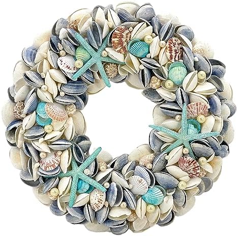 Galt International 18" Nautical Seashell Wreath, Blue | Coastal Beach Floral Home Decor Indoor Outdoor Real Starfish Pearl Seashells by GaltInternational