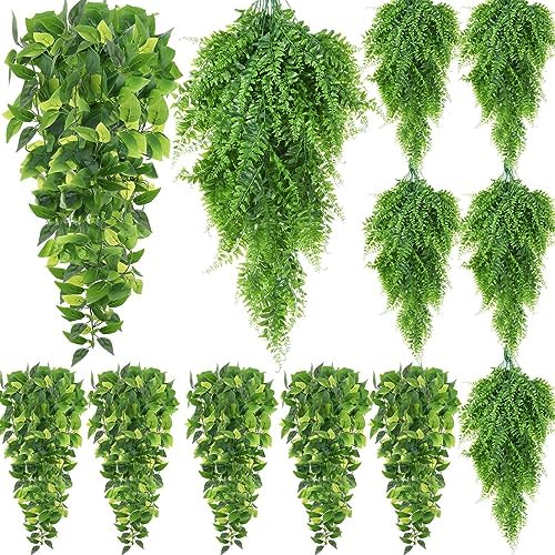 Hoteam 12 Pcs Artificial Hanging Greenery Plants, Pothos, Persian Grass by Hoteam